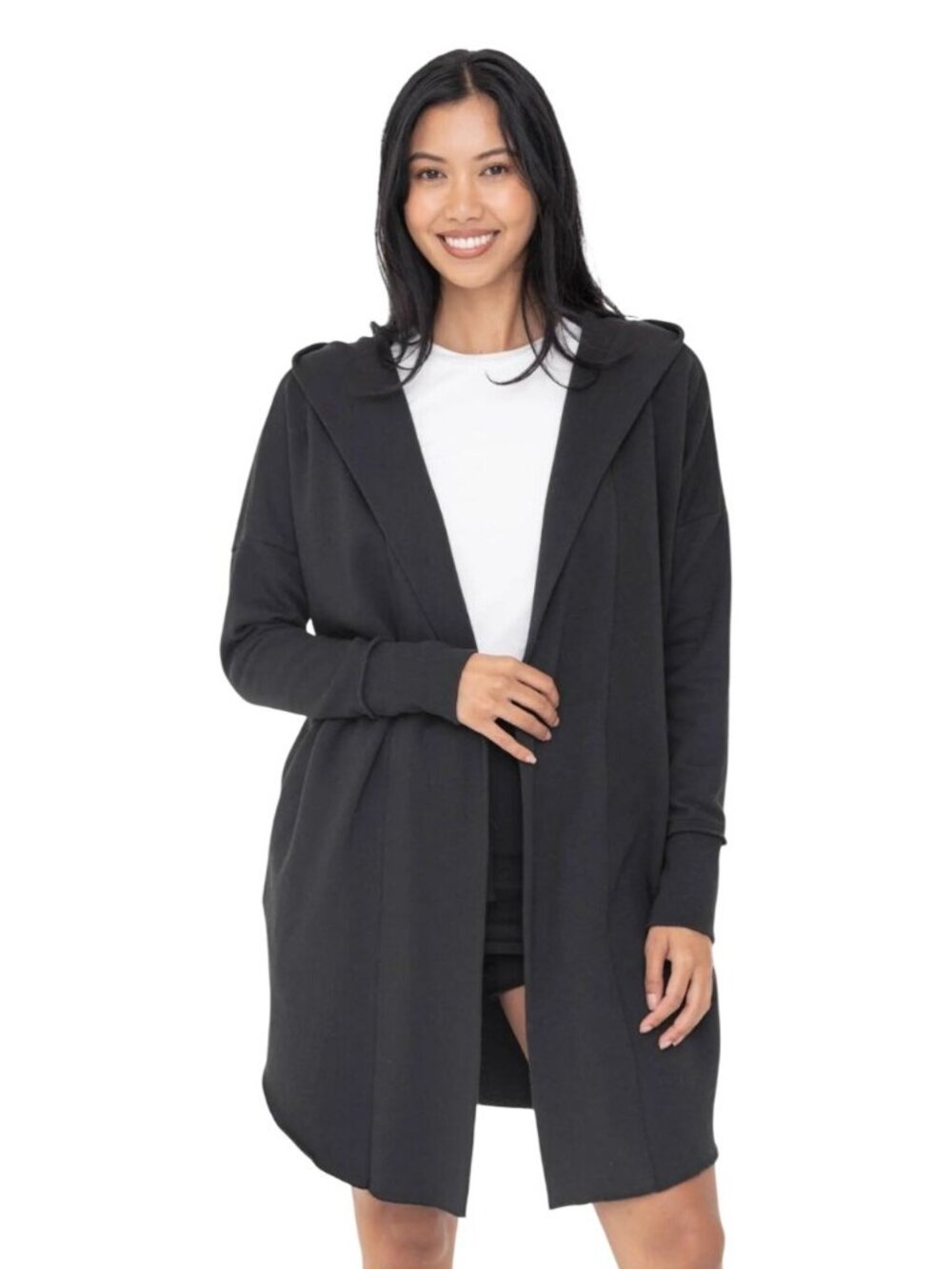 New Mono b Plush Black Open Front Hooded Cardigan Pockets Women's S/M Loungewear